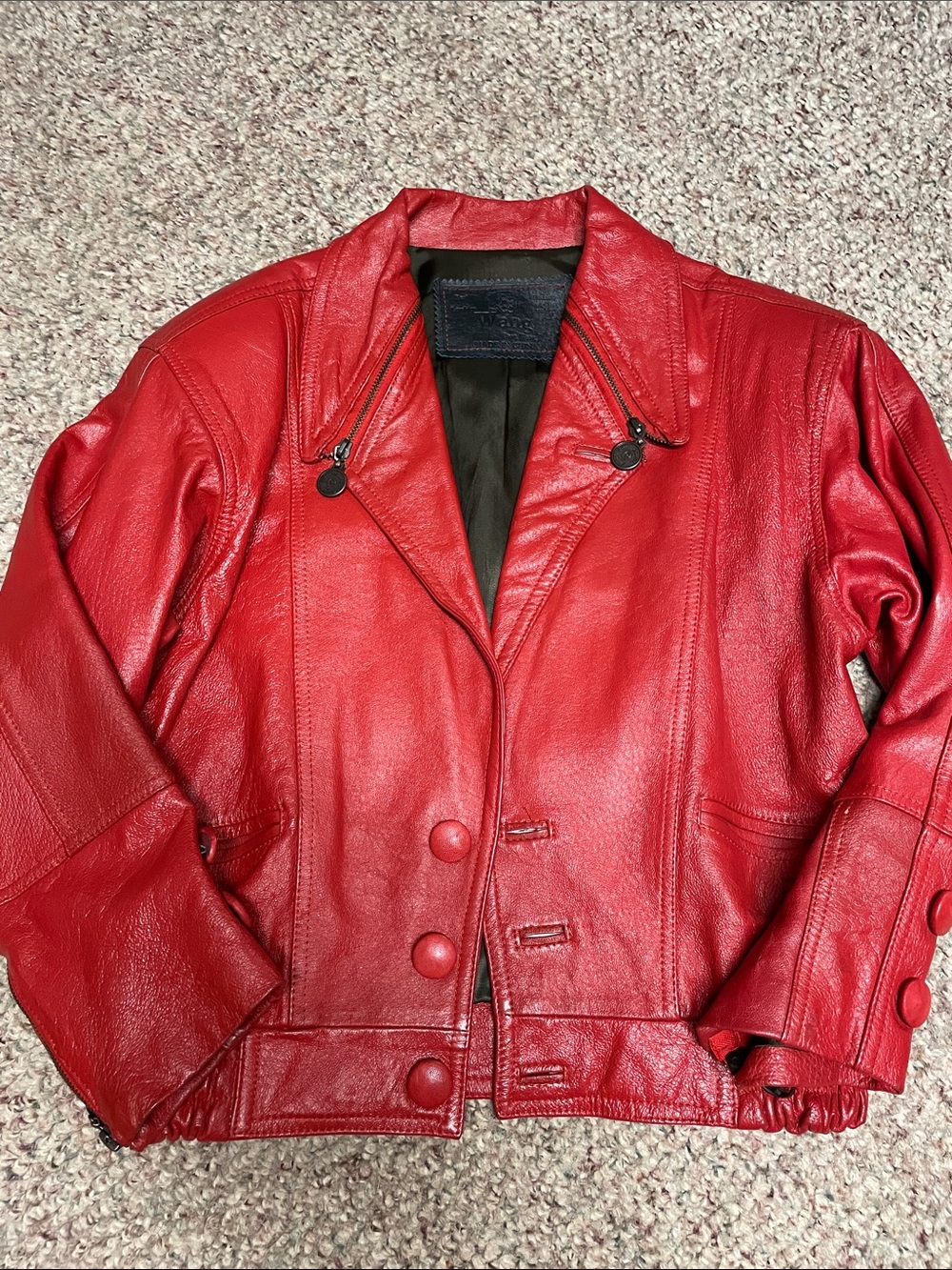 Vintage 80s Red Leather Button-Front Women's Jacket with zip collar/cuff